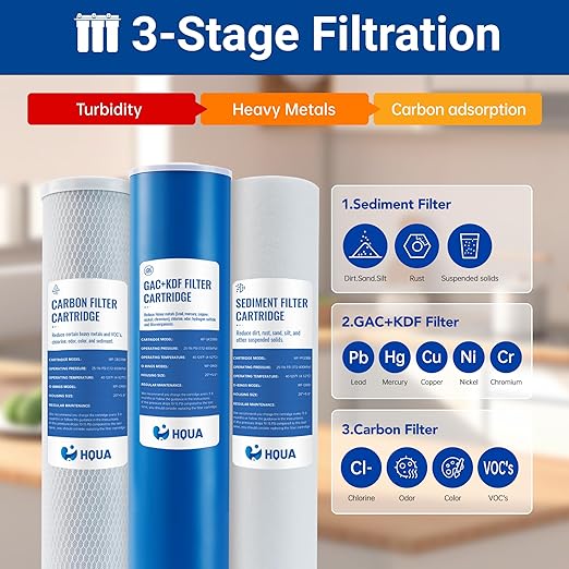 HQUA WF3-01 3-Stage Whole House Water Filtration System, Reduces Heavy Metals (Lead, Mercury, Copper, Nickel, Chromium), Chloramine, Sediment, Odor, and VOC’s