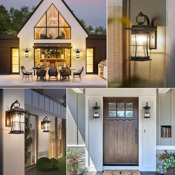 Outdoor Wall Sconces Light Fixtures Exterior Wall Lantern Outside House Lamps Waterproof Black Metal with Clear Seeded Glass, Perfect for Exterior Porch Patio House