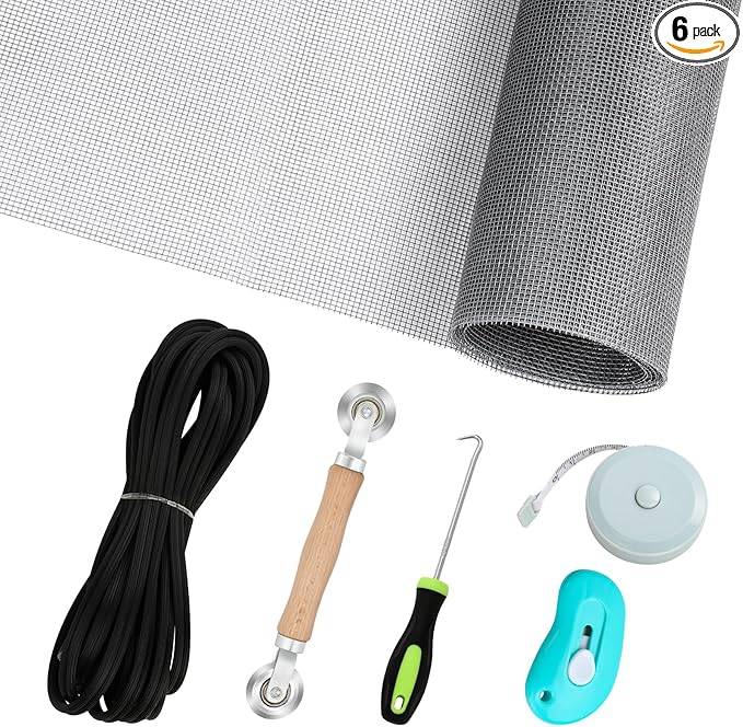Windows Screen Replacement and Screen Door Repair Kit, 6Pcs Window Screen Fiberglass Mesh Kit - Window Screen & Screen Door Mesh & Screen Porch Repair Kit (Gray, 48" x 118")