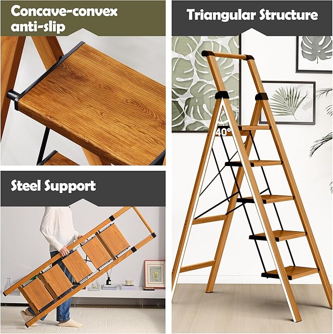 Taranta 5 Step Ladder, Portable Folding Ladder with Wide Pedal, Lightweight Aluminum Step Stool with Convenient Handgrip, 330 lbs Capacity Stepladder for Home, Office - Woodgrain