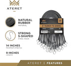 ATERET Rubber Bungee Cords with Hooks I 9 Inch, 14" Max Stretch I Heavy-Duty Black Tie Down Straps for Outdoor, Tarp Covers, Canvas Canopies, Motorcycle, and Cargo, Pack of 50