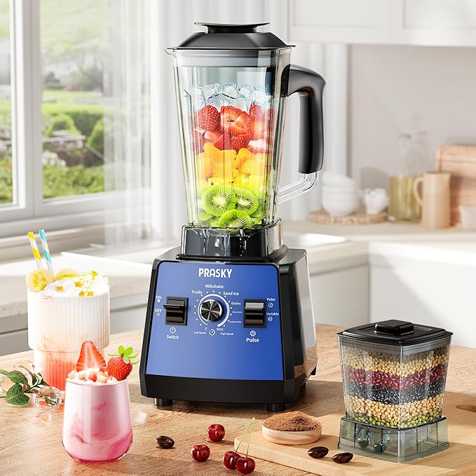 Blender, Smoothies Blenders, PRASKY Max.2400Watts/1000Watts Kitchen Blender and Grinder Combo 25000RPM Powerful Kitchen 68oz BPA Free 2 Containers Countertop Blenders Ice Crushing (Blue)
