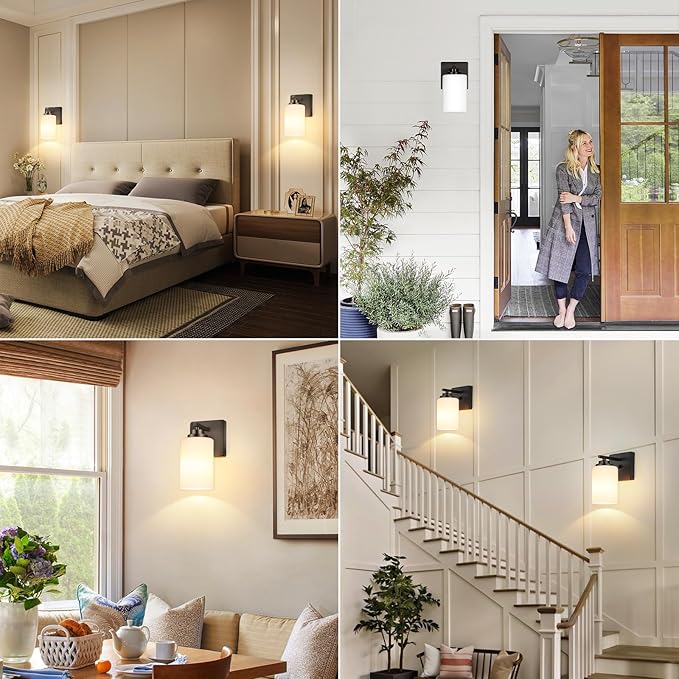 Set of 2 Wall Sconces for Bathroom, Modern Vanity Light Fixtures, Matte Black Wall Mount Lighting Lanterns, Farmhouse Wall Lights with White Glass Shade for Bedroom Living Room Mirror Hallway Kitchen