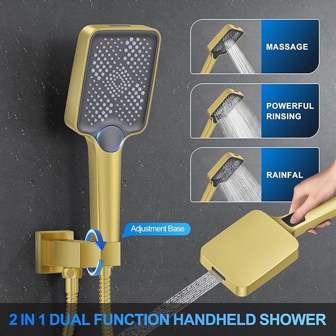 Shower Faucet Set, 10" Wall Mount Rainfall Shower System with 2 Rain Shower Head and Multi-function Handheld Head Push Button Diverter Shower Faucet Trim Kit Brushed Gold