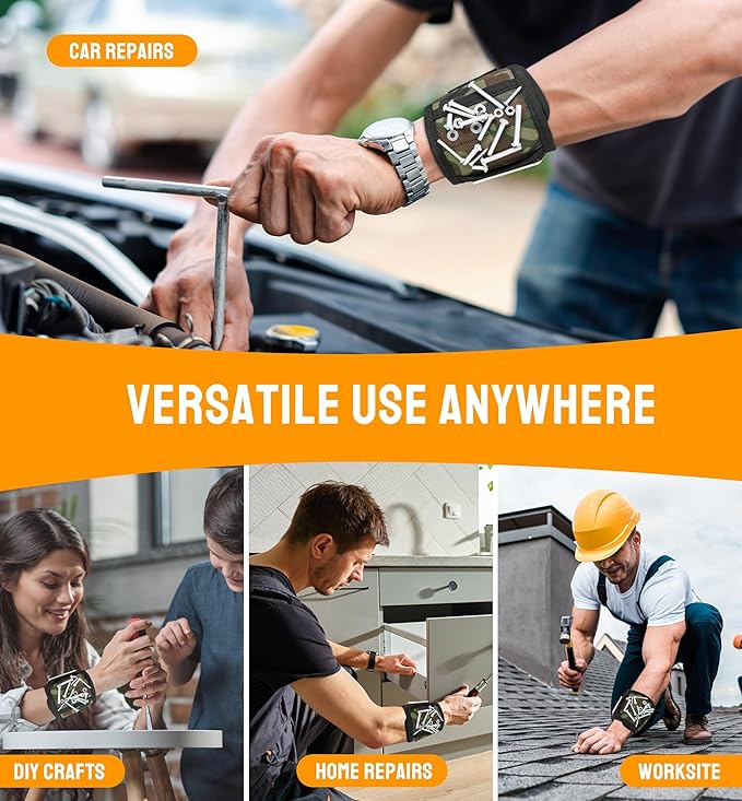 HiRui Magnetic Wristband for Tools – Ultra-Strong 15 Neodymium Magnets Hold Screws, Nails & Bits, Dual Pockets – Hands‑Free for DIY, Home Repairs, Auto – Gift‑Ready for Dad, Husband, Grandpa (CAMO)