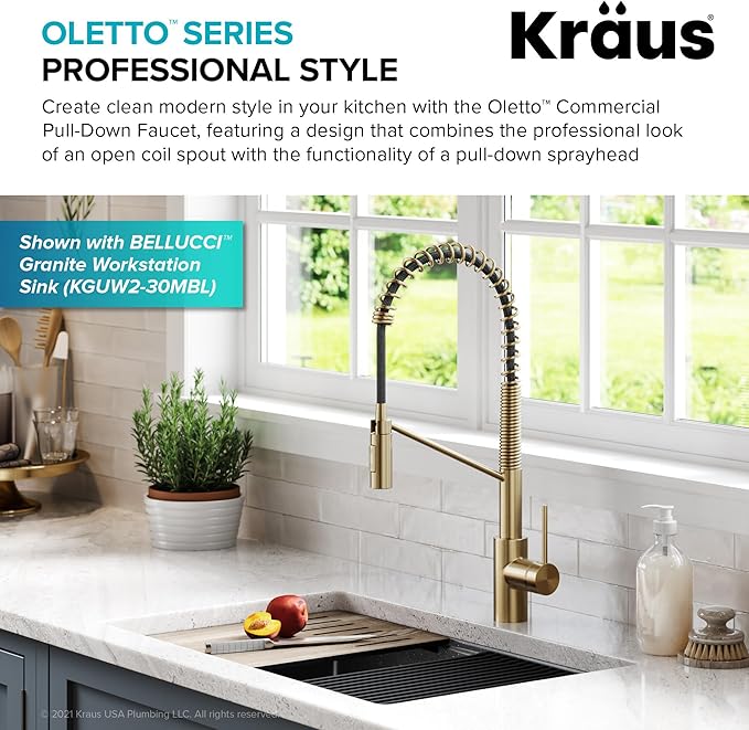 KRAUS Oletto Commercial Style Single Handle Pull Down Kitchen Faucet with QuickDock Top Mount Installation Assembly in Spot Free Antique Champagne Bronze, KPF-2631SFACB
