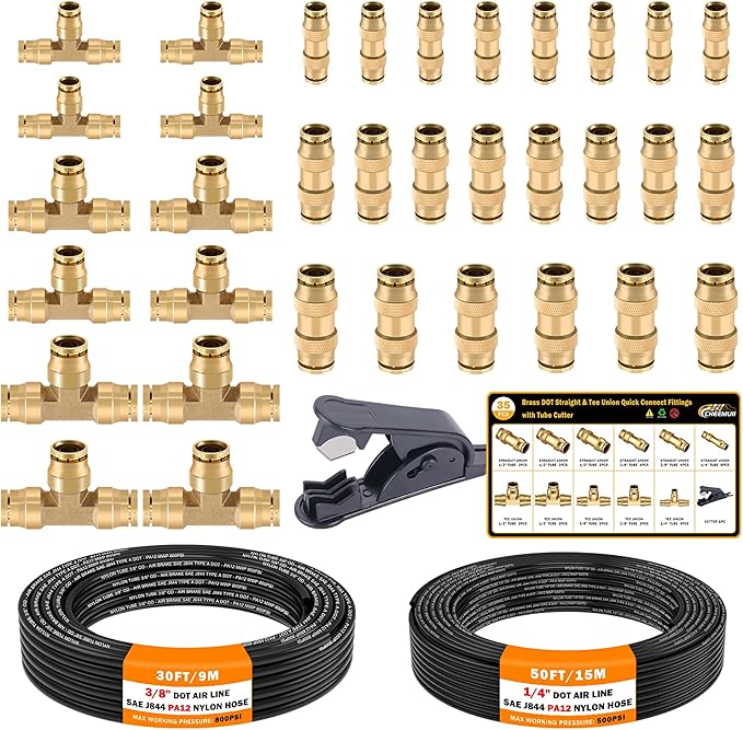 CheeMuii 35 PCS Brass DOT Air Line Fittings With 50FT 1/4" and 30FT 3/8" Air Line Kit - Push Lock Quick Connect Fittings With Pneumatic Tubing Set