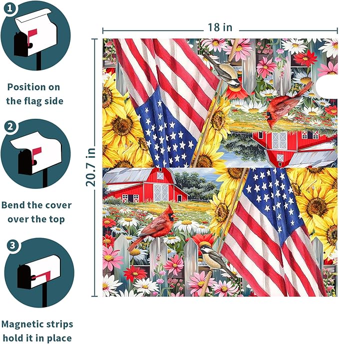 America Flag Patriotic Mailbox Covers 4th of July Mailbox Covers Magnetic Standard Size 21x18 In Summer Floral Bird Waterproof Mail Box Wraps Post Letter Box Covers Garden Yard Home Decor for Outdoor
