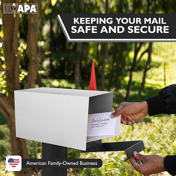 Ilyapa Modern Mailbox for Post Mount - White with Black Door Powder Coated Steel, Waterproof Letter Box for Parcels, with Recessed Magnetic Close Door