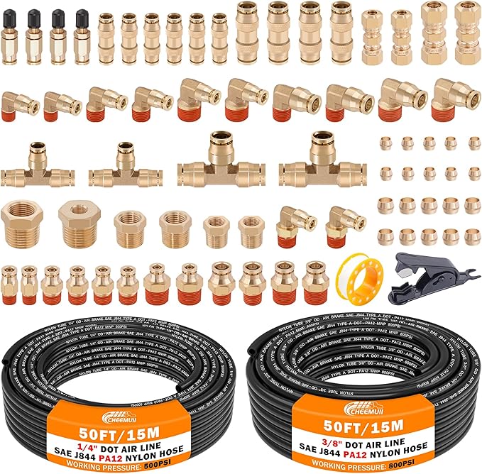 CheeMuii 72 PCS Brass DOT Air Line Fittings with 50FT 1/4" and 50FT 3/8" DOT Air Line Kit Push Lock Air Fitting Quick Connect & NPT Thread Fittings with Pneumatic Tubing