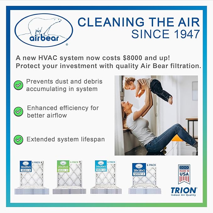 16x25x3 TRION Air Bear Cub Pleated HVAC Air Filter MERV 13 (3-Pack) (Actual Size: 15.75 x 24.75 x 3.06 Inches)