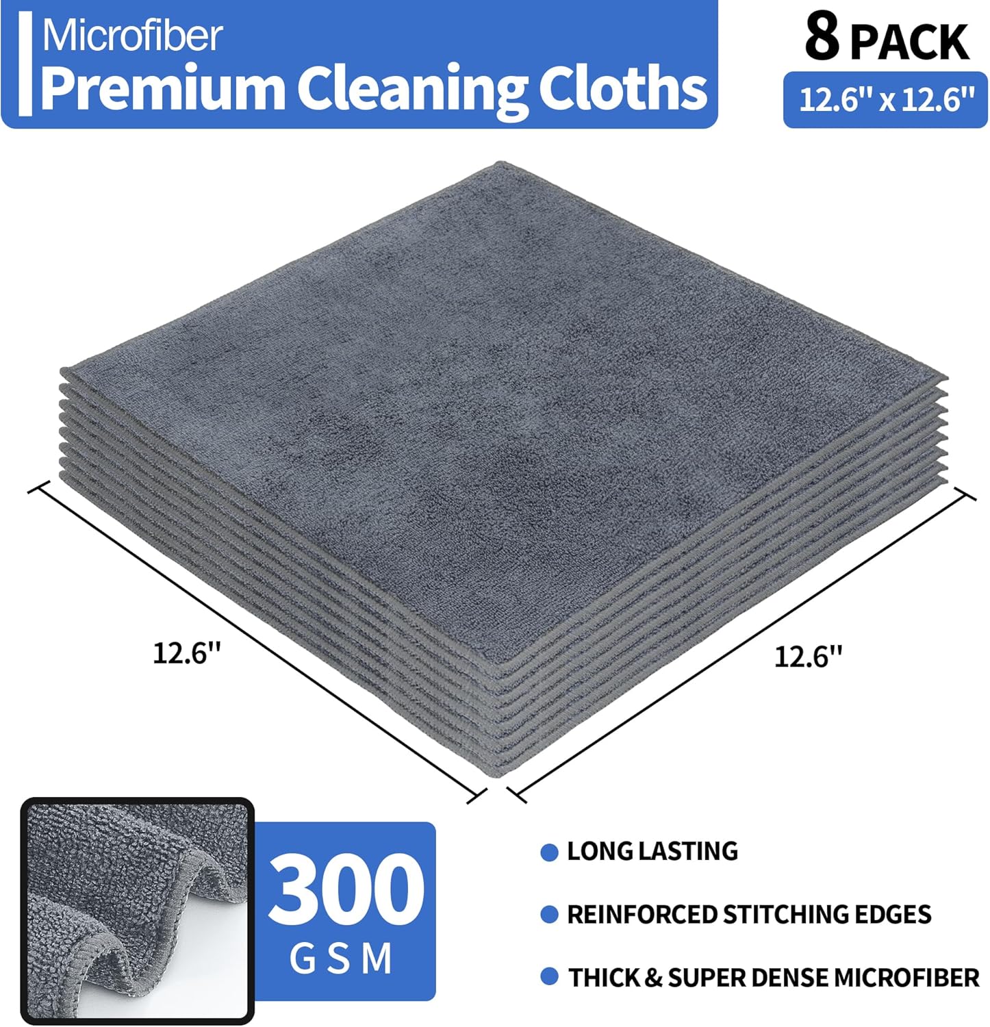 HOMERHYME Microfiber Cleaning Cloth, Premium 8 Pack Cleaning Towels, Lint-Free Streak-Free Ultra Absorbent, 300GSM Reusable Microfiber Towel for Cars Shop Garage Home Kitchen, 12.6" x 12.6" Grey
