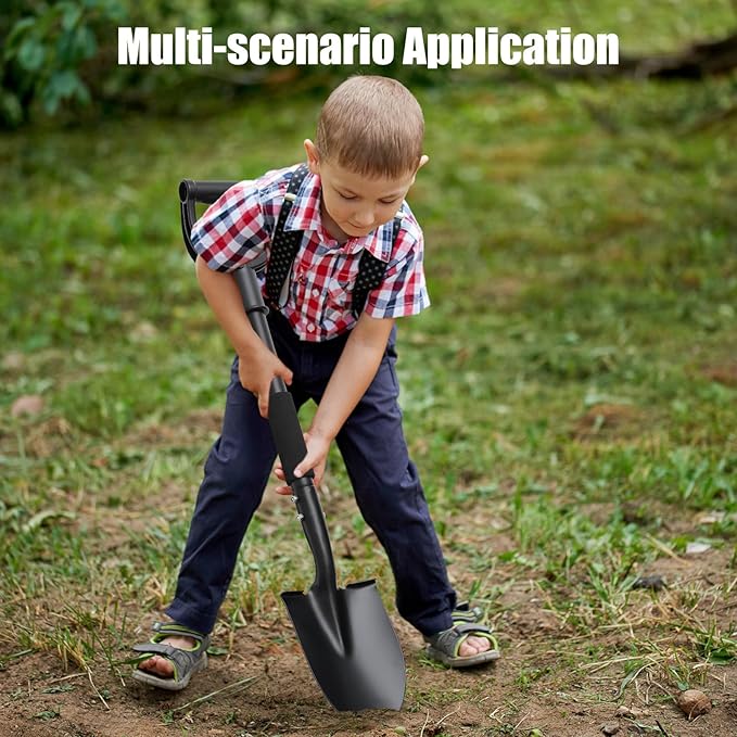 31" Compact Garden Shovel with D-Grip Handle - Rust-Proof Lightweight Metal Tool for Raised Beds, Tight Spaces & Emergency Use (Kids/Adults Friendly), Black