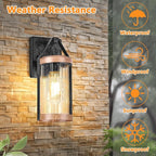 2-Pack Outdoor Light Fixtures, Waterproof Modern Exterior Wall Lantern Porch Lights, Black Wall Sconce with Clear Ribbed Glass, Outside Light with Wood Texture for House, Bulbs Not Included
