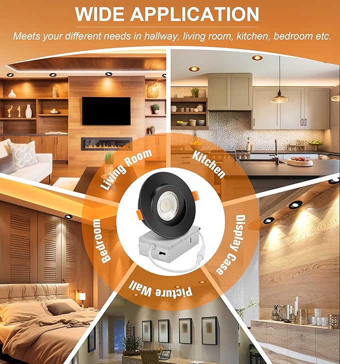 Cloudy Bay Eyeball 5 Color 4 inch Gimbal LED Recessed Light with Junction Box,9.5W CRI90+ 2700K/3000K/3500K/4000K/5000K Selectable,Dimmable Canless Ceiling Spot Light,Damp Location,Black,Pack of 6