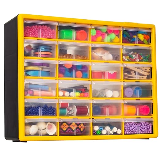 Akro-Mils 24-Drawer Plastic Drawer Storage Cabinet for Garage Organization, Bead Organizer, Building Bricks Storage, Teacher Toolbox, Makeup Organizer, 20-Inch W x 6-Inch D x 16-Inch H, 10124 Yellow