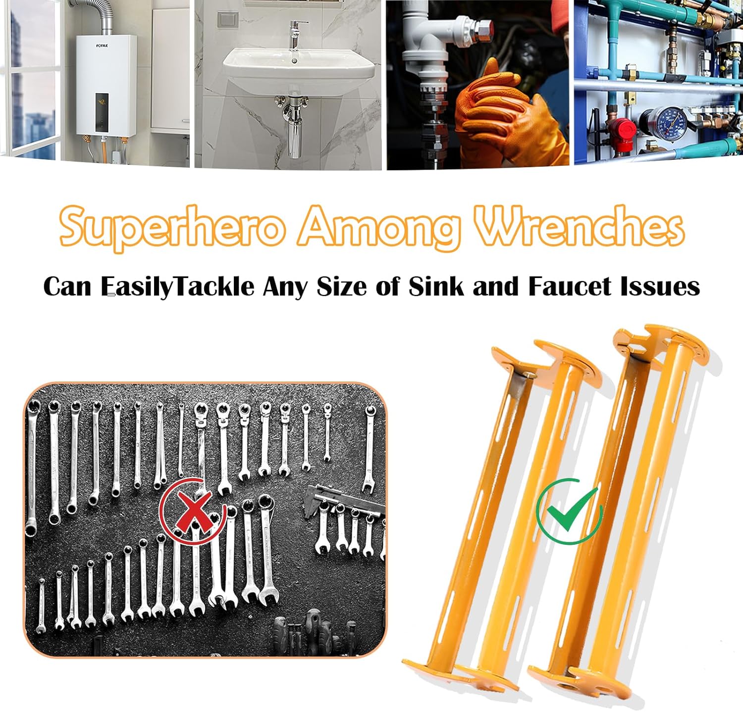 11 Sizes Four-Jaw Hex Basin Wrench with Dual Head Kitchen Sin| Drain Under Faucet Wrench for Multifunctional Plumbers Tool Bathroom Home Tight Spaces