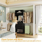 Unikito 8FT Closet System with Mirror, 96 Inch Walk in Closet Organizer Kit with Drawers and 3 Extendable Hanging Rods, Sturdy Wood Clothing Garment Rack with 25” Tower, Max Load 1000 LBS, Black