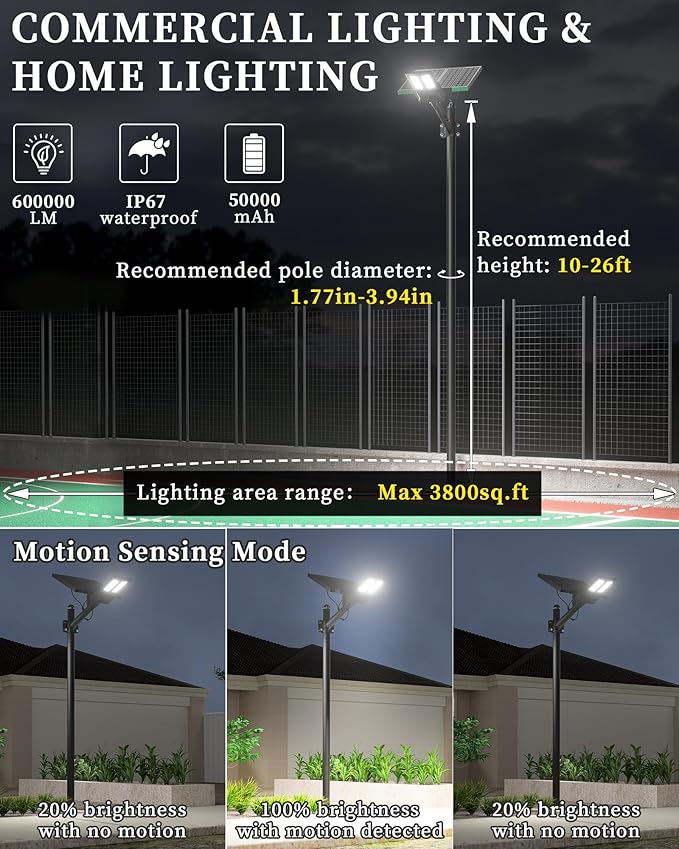 Gefolly SL-10000W Solar Street Lights Outdoor, 600000LM Commercial Parking Lot Light Dusk to Dawn IP67 Waterproof 6500K Security Flood Lights with Motion Sensor Lamp for Yard, Road