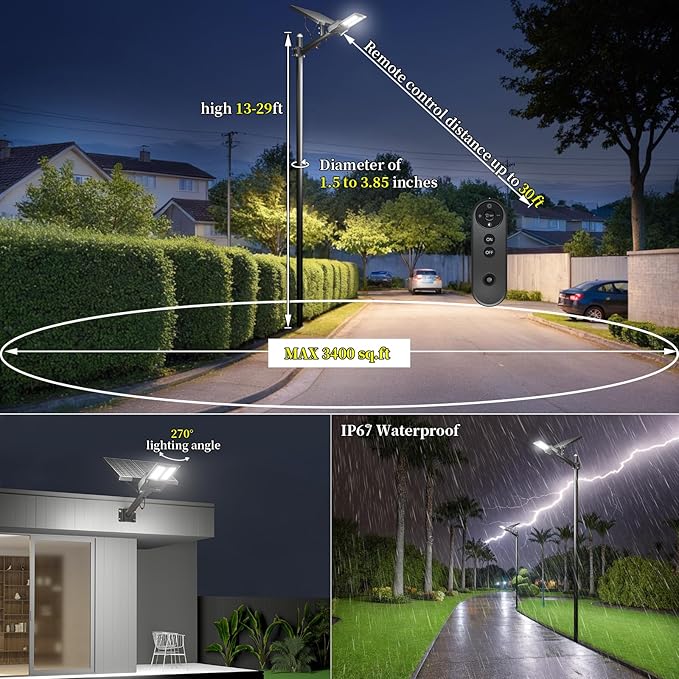 Ofuray Of-8800W Solar Street Lights Outdoor,IP67 Solar Security Flood Lights Parking Lot Commercial with Motion Sensor, 6500k Led Dusk to Dawn with Remote Control for Street,Park,Barn