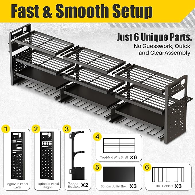 Large 49''W Power Tool Organizer Wall Mount | 620lbs Garage Storage Rack with 12 Cordless Drill Holder | 4-Tier Heavy Duty Utility Shelf for Battery Workshop Organization