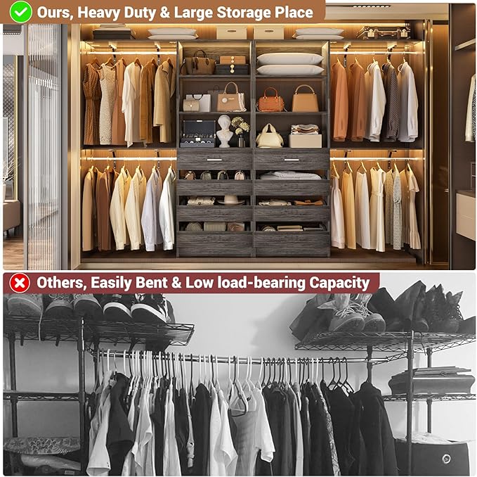 Aheaplus Closet System with 8 Wooden Drawers, Wood Closet Organizer System with Tower, Walk-in Closet Organizer Wardrobe Clothes Rack with 4 Hanging Rods, Garment Rack, Cut to Fit 7-12Ft, Black Oak1