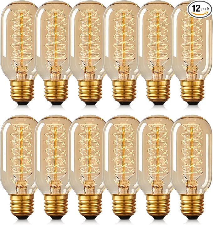 DORESshop T45 Vintage Edison Light Bulb, Antique Tubular Style Incandescent Bulb, Warm White, Amber Glass, 110-130 Volts, E26 Medium Base Lamp for Home Light Fixtures Decorative, 12 Pack
