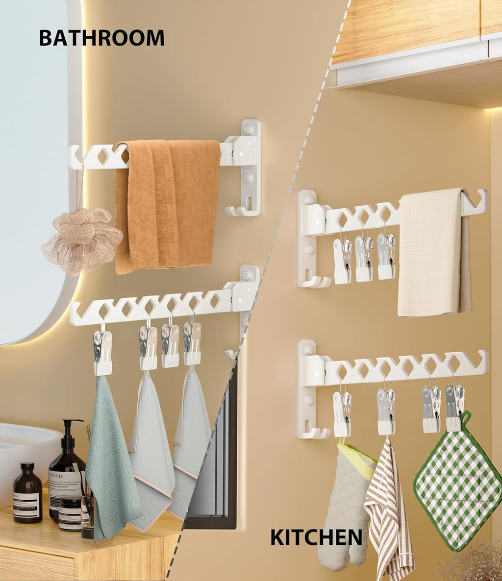 Wall Mount Coat Hanger Holder White Clothes Drying Organizer Rack Garment Hooks Aluminium Retractable Folding Indoor Wall Mounted Hanger Space Saver for Laundry Room Bedroom White 2 Pack with 8 Hooks