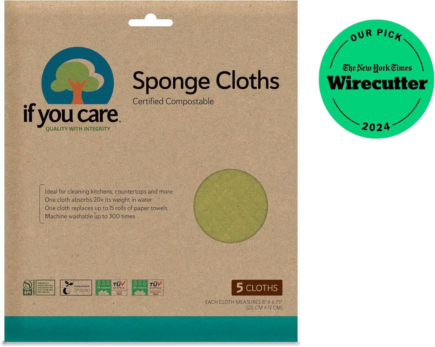 If You Care Sponge Cloths – 5 Count – 100% Natural Cleaning Rags for Kitchen, Bathroom, Home Countertop Surfaces – Absorbent, Reusable, Machine Washable, Compostable (Pack of 3)