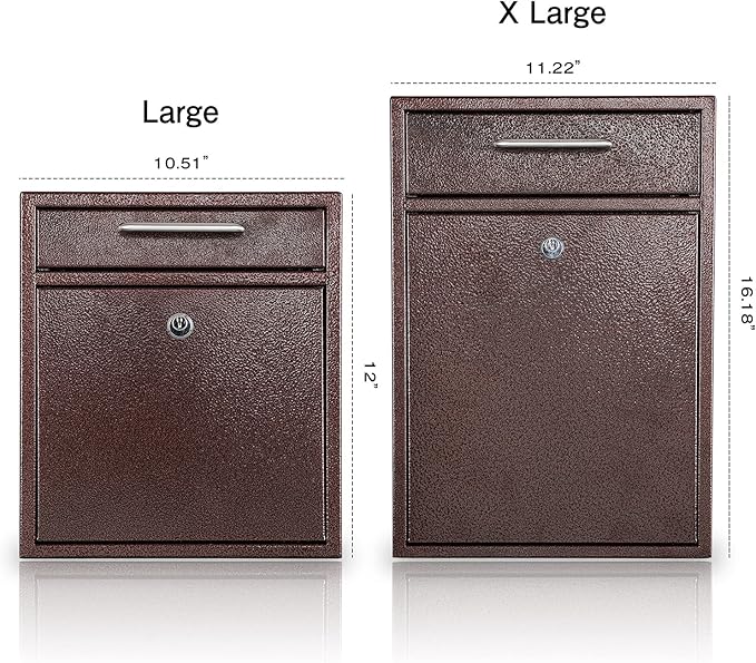 KYODOLED Steel Key Lock Mail Boxes Outdoor,Locking Wall Mount Mailbox, Security Key Drop Box, Collection Boxes,16.2Hx 11.22Lx 4.72W Inches, Bronze X Large