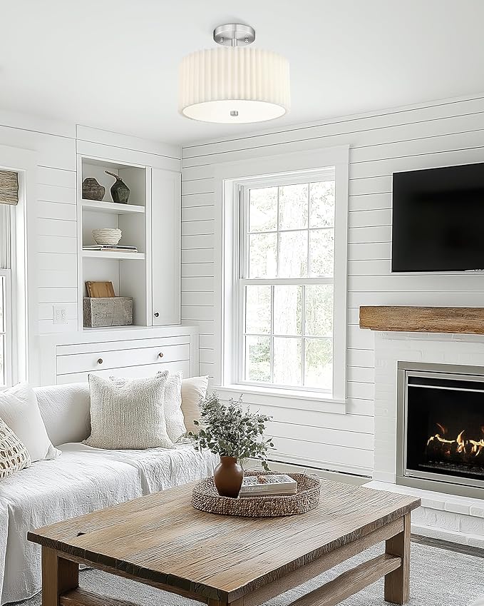 Semi Flush Mount Ceiling Light, 3-Light 12.5" Ceiling Light Fixture with White Pleated Fabric Shade, Brushed Nickel Drum Lamp for Nursery Hallway Bedroom Kitchen, AD-25036-3SF-SN