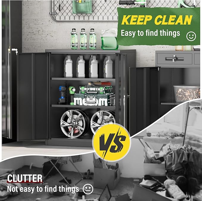 Greenvelly Metal Storage Cabinet, 36" Locking Storage Cabinet with Doors and Shelves, Lockable Storage Cabinets for Home Office, Utility Locker Cabinet, Steel Garage Cabinet with 2 Keys, Black