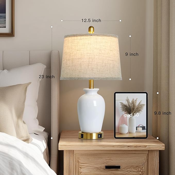 23" Set of 2 White Ceramic Table Lamp with Ginger Jar Design, Bedside USB Lamps for Living Room,Dining Room,Bedroom,Office,Nightstand,End Table