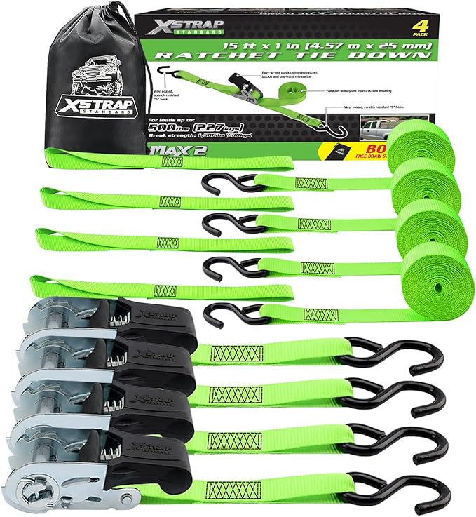 XSTRAP STANDARD Ratchet Tie Down Straps 4Pk 15Ft 1500Lb Break Strength, Cargo Straps for Moving Appliances, Lawn Equipment, Motorcycle, Includes 4 Soft Loops