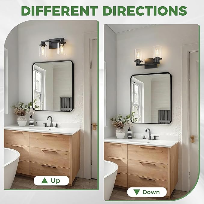 DORESshop 2-Light Black Bathroom Light Fixtures Over Mirror with Clear Glass Shade, Vanity Lights for Bathroom Mirror Hallway Bedroom Living Room, ETL Listed