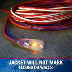 Southwire Heavy Duty Extension Cord, 50Ft, 12 Gauge, 3 Conductor, Outdoor Cord, Lighted End, SJTW, Red/White/Blue, 2548SWUSA1