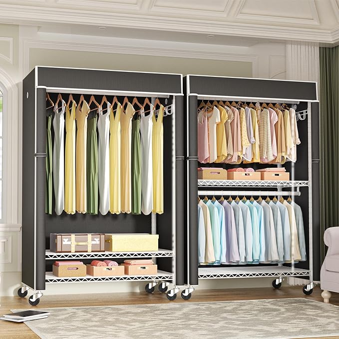 FUTASSI White Clothing Rack with Black Cover, P1C Plus Rolling Closets with Wheels, Metal Garment Rack for Hanging Clothes, Clothing Storage Wardrobe, 46" W x 18.5" D x 80.7" H, Load 524 Pounds