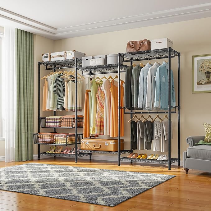 VIPEK V10 Garment Rack Large Size Heavy Duty Clothes Rack with Hanging Rods, Adjustable Shelves & 2 Slid Storage Baskets, Wire Clothing Rack 68.9" W x 15.7" D x 76.4" H, Max Load 920 LBS, Black