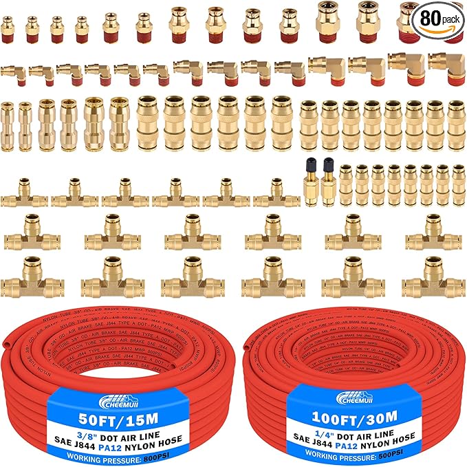CheeMuii 76 PCS Brass DOT Air Line Fittings with 100FT 1/4" and 50FT 3/8" Red DOT Air Lines Kit Push Lock Air Line Quick Connect Fittings with Pneumatic Tubing Set