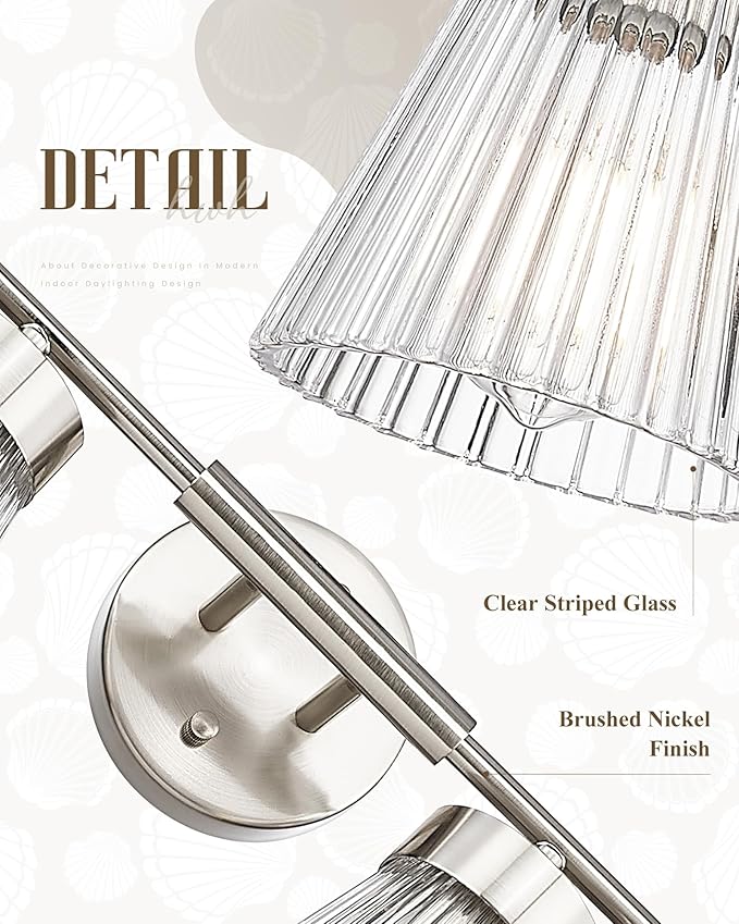 4-Light Bathroom Vanity Light Fixtures, HWH Brushed Nickel Bathroom Vanity Lighting Modern Vanity Light Over Mirror with Clear Striped Glass Shade, 5HZG97B-4W BN