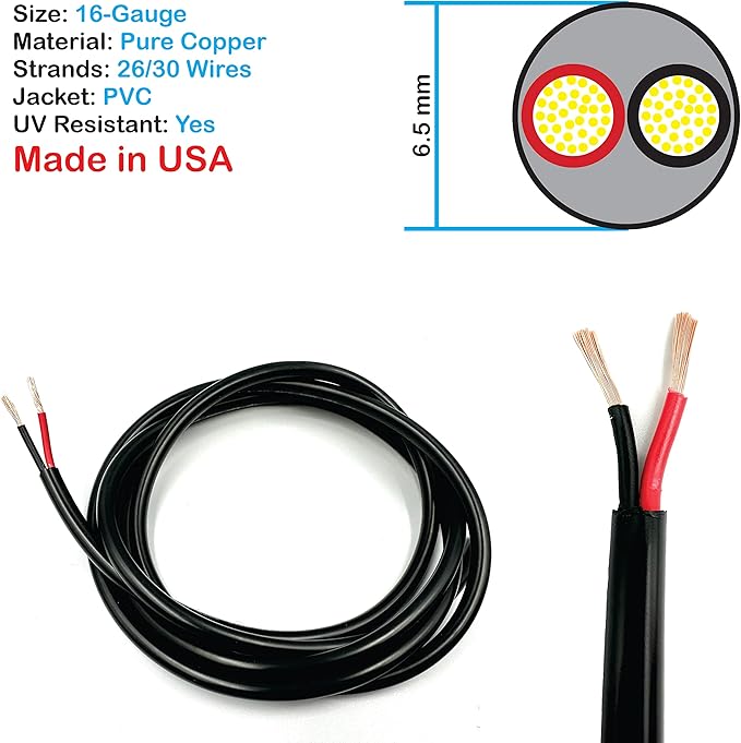 NATIONAL Wire & Cable – 16 AWG 2-Conductor Premium Copper Wire, 1000 ft, Stranded | Made in USA, Heavy-Duty Flexible Jacket | LED, Lights, DIY Projects, Low Voltage Wiring, Indoor and Outdoor Use