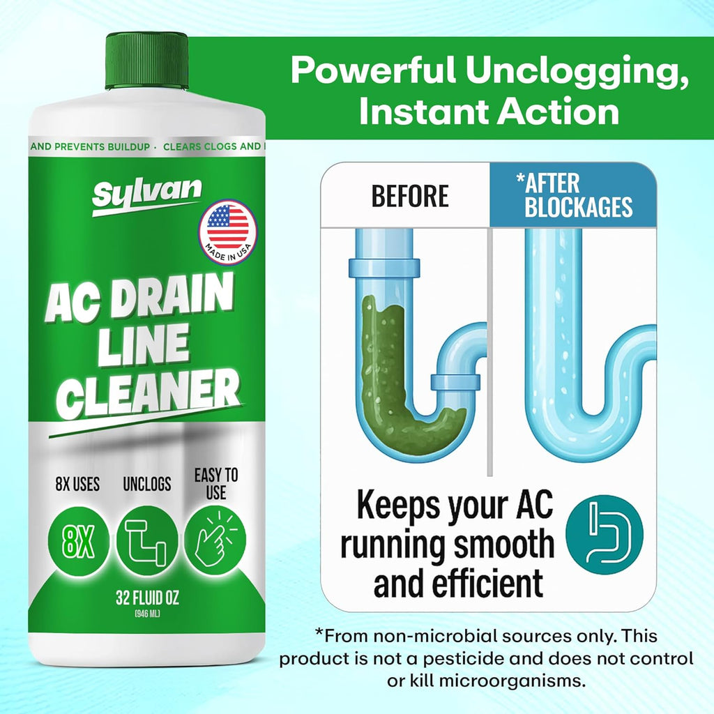Sylvan AC Drain Line Cleaner | Free XXL Drain Brush | 32 Oz | 12 Month Supply | Made in USA | Universal Compatibility | Removes Clogs and Buildup from HVAC Condensate Lines | Air Conditioner Unclogger