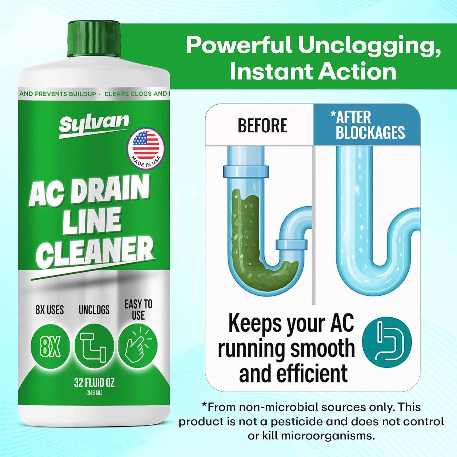 Sylvan AC Drain Line Cleaner | Free XXL Drain Brush | 32 Oz | 12 Month Supply | Made in USA | Universal Compatibility | Removes Clogs and Buildup from HVAC Condensate Lines | Air Conditioner Unclogger