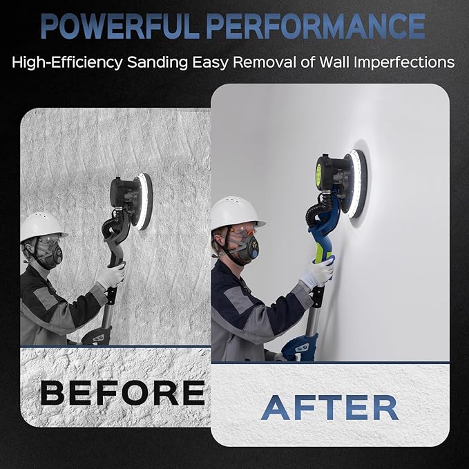 Drywall Sander, 2025 Upgraded 8-Amp Popcorn Ceiling Removal Tool with 7 Variable Speed 800-1800RPM, Drywall Sander with Vacuum Dust Collector with Extendable Handle, LED Light,12pcs Sanding Discs,Blue