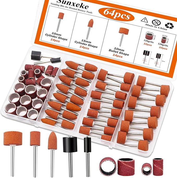 64Pcs Sanding Bits for Dremel Rotary Tools, 42Pcs Aluminum Oxide Grinding Stones Sanding Drill Bits (1/8 inch Shank) and Sanding Drums, Grinding Bits for Metal Rust Removal Polishing