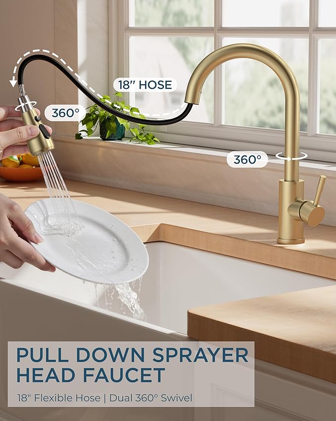 Kitchen Faucet with Pull Down Sprayer, Gold High Arc Stainless Steel Classic Sink Faucet, Single Handle with Deck Plate for 1 or 3 Hole Sinks for RV Bar Laundry Farmhouse