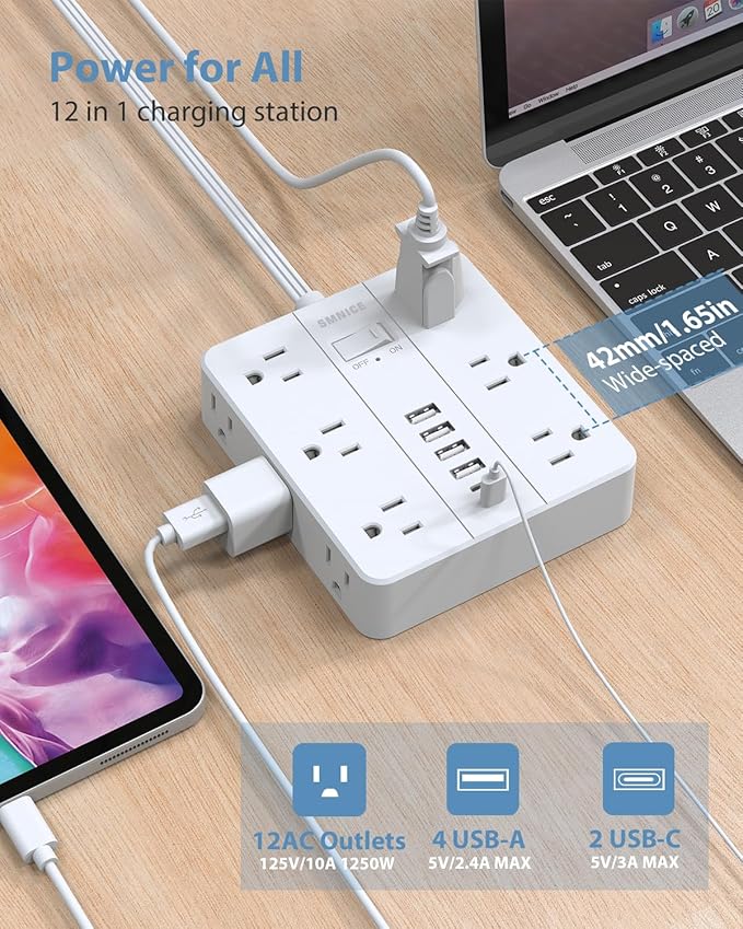 Power Strip Surge Protector 20ft Extension Cord,SMNICE Flat Plug with 12 Outlets 6 USB(2 USB C),Surge Protector Charging Station with Overload Protection for Home, Dorm,Office