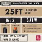 25 Foot Outdoor Extension Cord - 16/3 SJTW Black 16 Gauge Electrical Cable with 3 Prong Grounded Plug