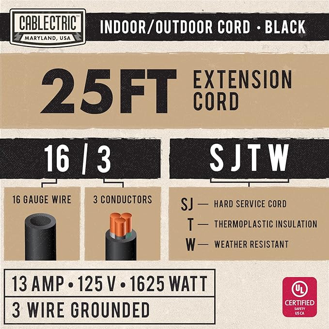 25 Foot Outdoor Extension Cord - 16/3 SJTW Black 16 Gauge Electrical Cable with 3 Prong Grounded Plug