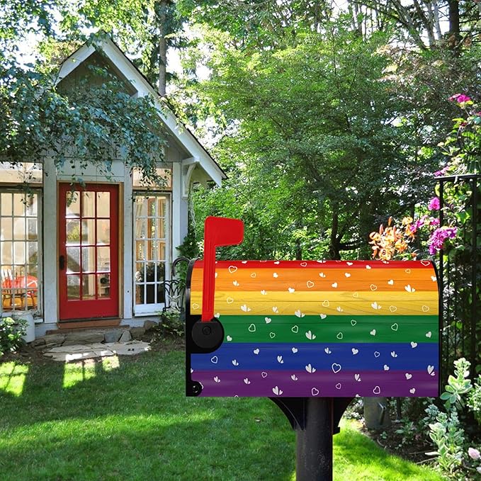 Rainbow Pride Mailbox Cover Magnetic Large Size Gay Pride Mailbox Post Covers Heart Love LGBT Asexual LGBTQ Mailbox Wraps Oversized Mailbox Decor for Outside Garden Yard 25.5x21 Inch